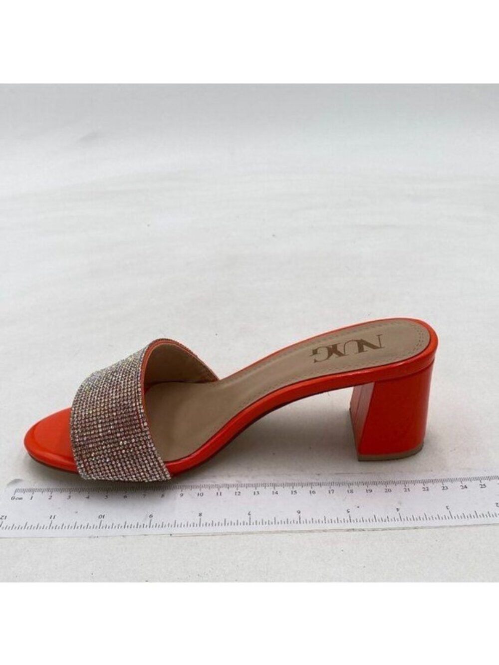Red Rhinestone Chunky Heel Sandal Open Pointed Toe Slip on Mules Shoes